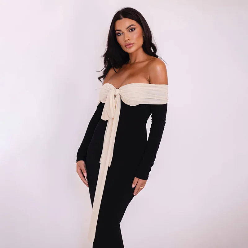 Black Patchwork Tie Up Off-shoulder Maxi Dress