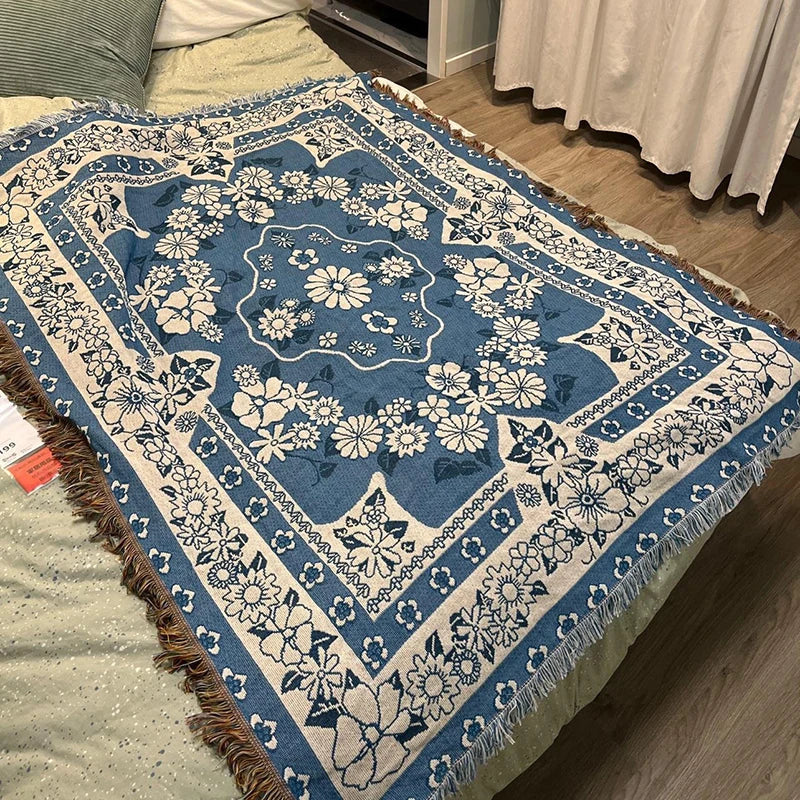 Europe Style Sofa Throw Blanket Cotton Thread Knitted Blanket with Tassel Floral Bohemian Sofa Cover Bed Blanket Camping Rug