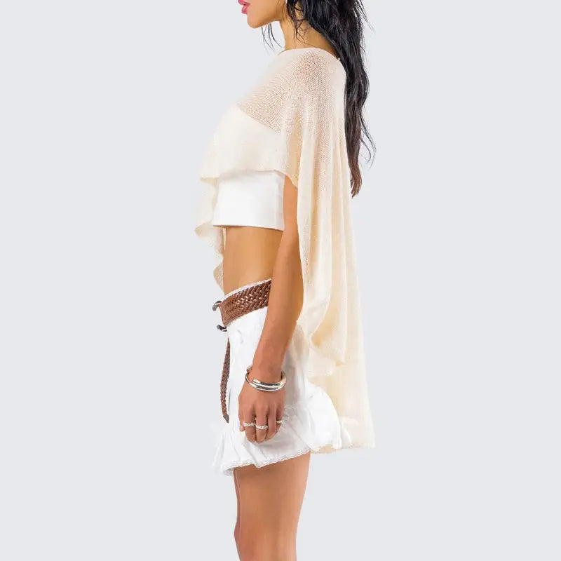Irregular Knitted Sheer Poncho Cover-ups Crop Top