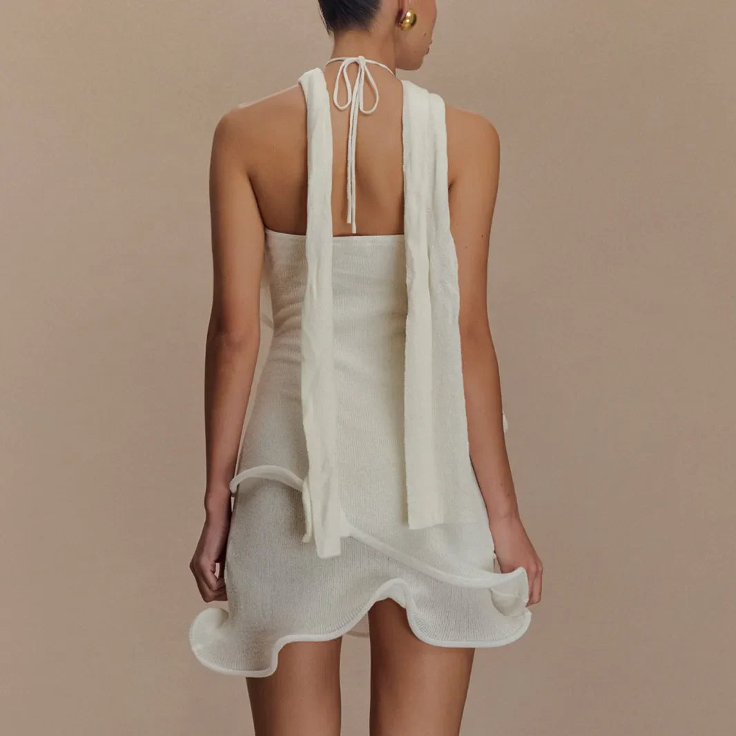 Knitted Halter Ruffle Trim Mini Dress