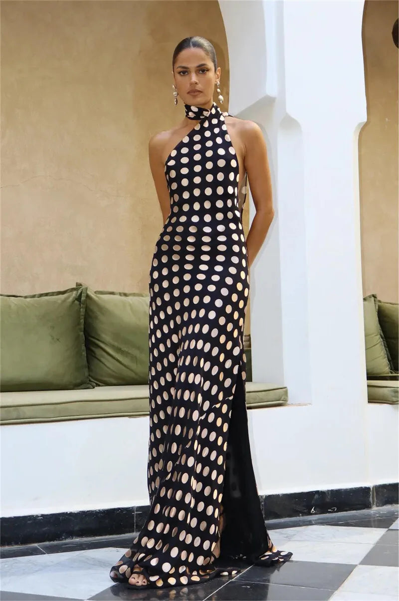 Black Polka Dot Halter Drape Midi Dress