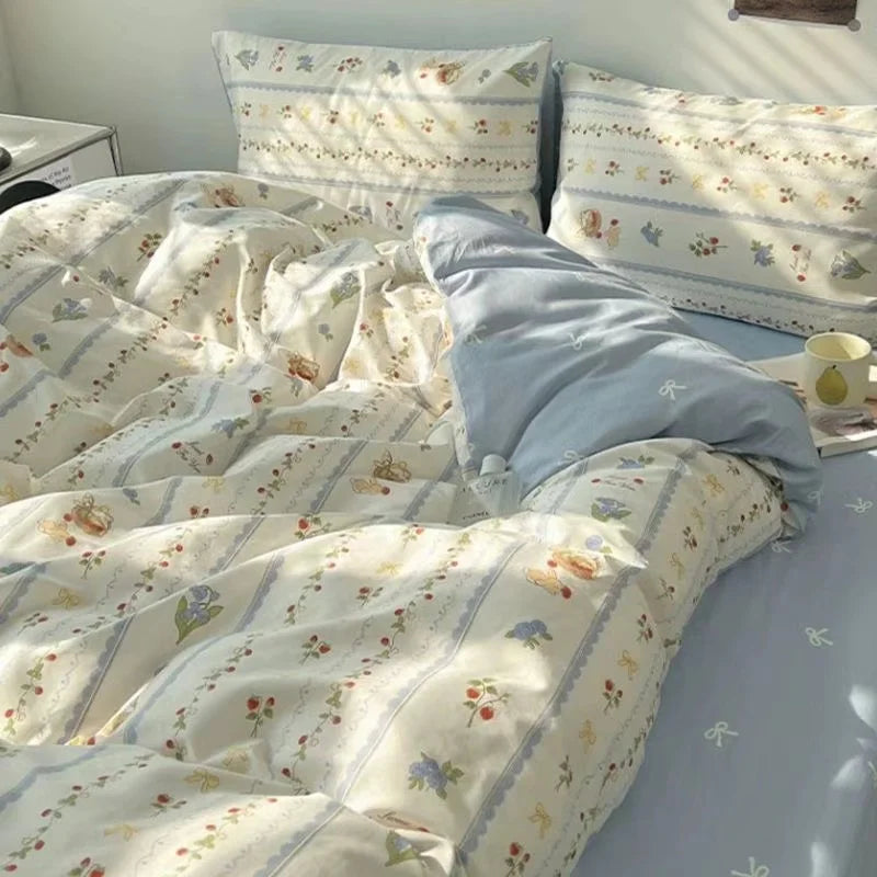 INS Gradient Cream Pink And Green Bedding Sets Streak Flat Sheets Soft Home Textile For Girls Full Size With Pillowcases