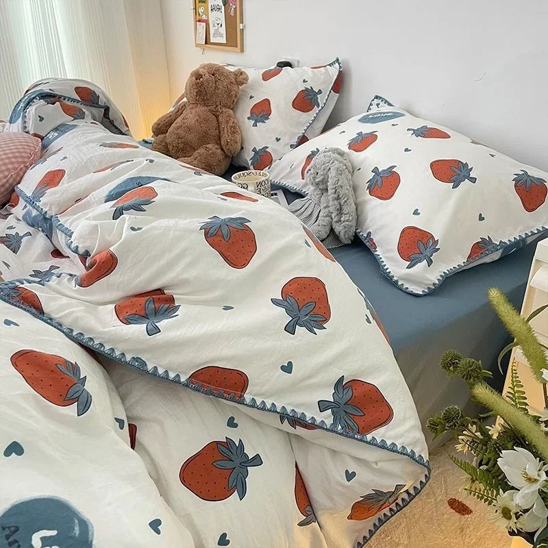 Bedding Set Girls Cherry Soft Washed Cotton Bed Sheet Queen King Size Duvet Set Comforter Set Pillowcase Bed Linens