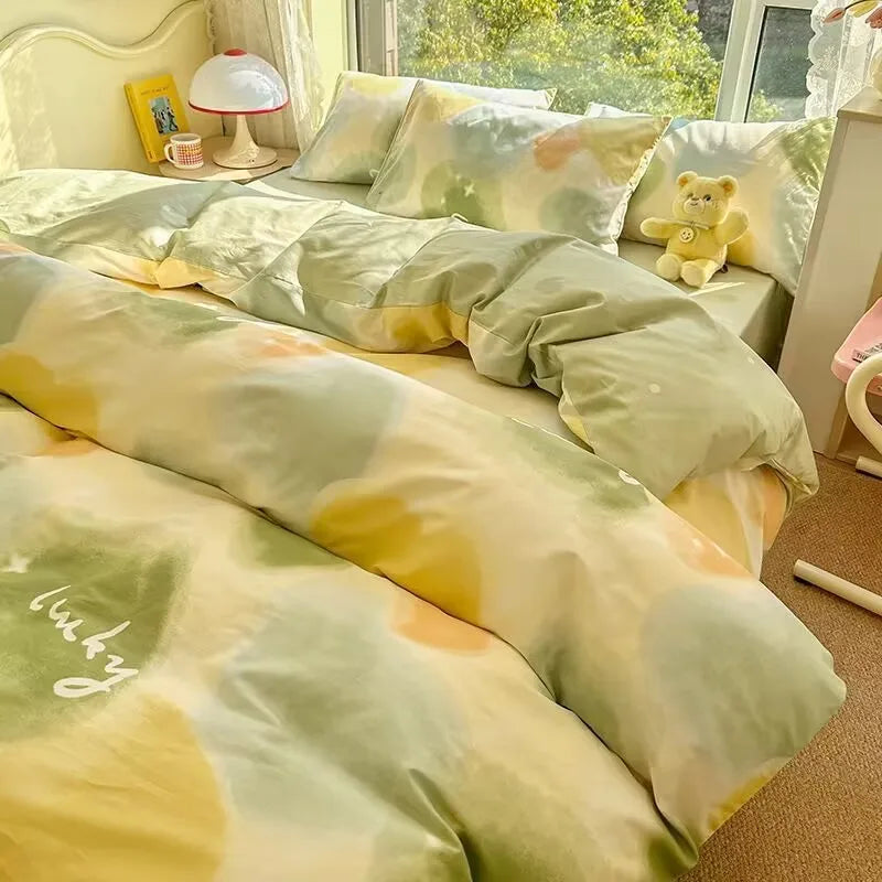 Korean Style Fashion Bedding Set Kids Adults Twin Full Queen Size Blue Bed Flat Sheet Duvet Cover Pillowcases Floral Bed Linen