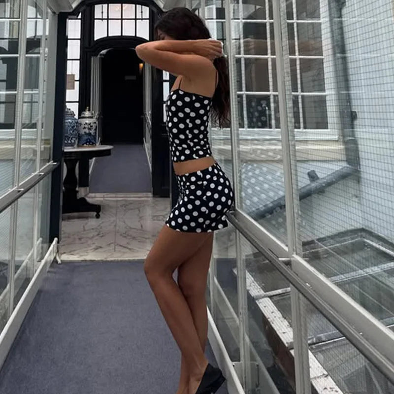 Black Polka Dot Cami Top And Mini Skirt Set