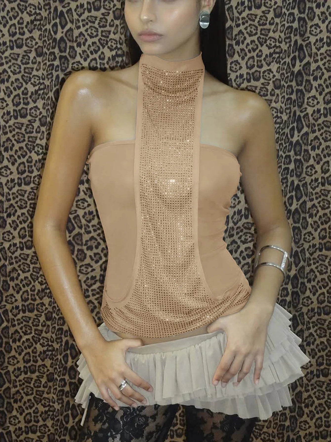 Black and Beige High Neck Sleeveless Sequin Tank Top - Backless Style