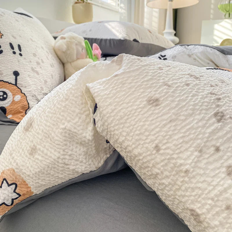 Korean Style Seersucker Washed cotton Bedding Set Girls Twin Queen Size Duvet Cover Bed Linens Kids Fashion