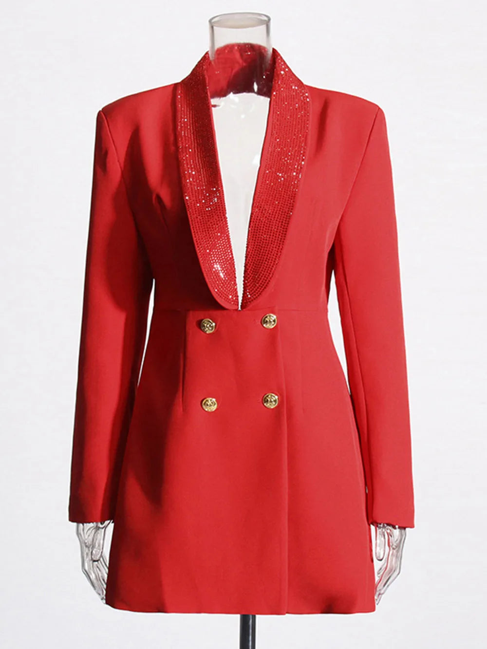 Red Sequin Collar Open Back Blazer Dress