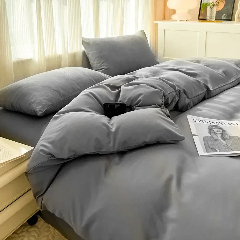 Solid Color Brushed Fabric Bed Set Duvet Cover Pillowcase Bedding Set Bed Sheet Quilt Cover Single Queen King Size 4 Pieces Sets