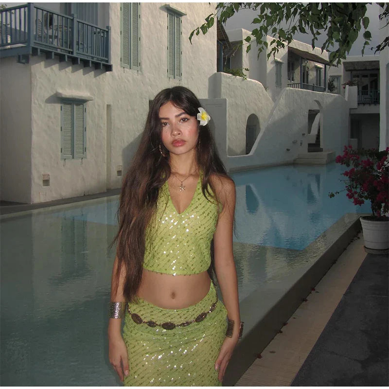 Green Sequin V-neck Halter Tie And Midi Skirt Set