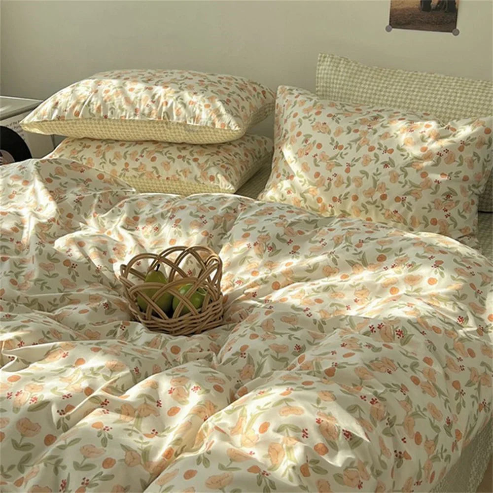 Girls Duvet Cover Pink Bow Kawaii Bedding Set Polyester Bedclothes Sheet Pillowcase Twin Full Queen Size Ins Floral Bedspread