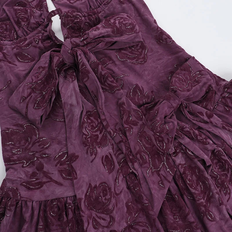 Purple Printed Deep Neck Halter Mini Dress