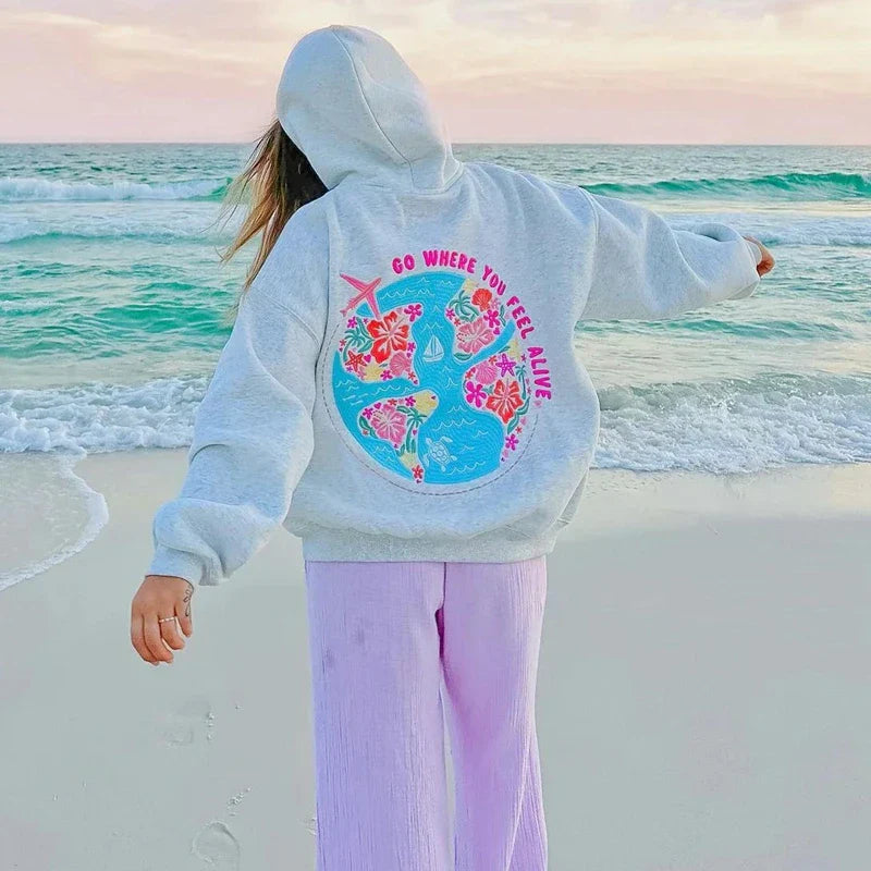 Grey Flower Letter Embroidery Hoodie
