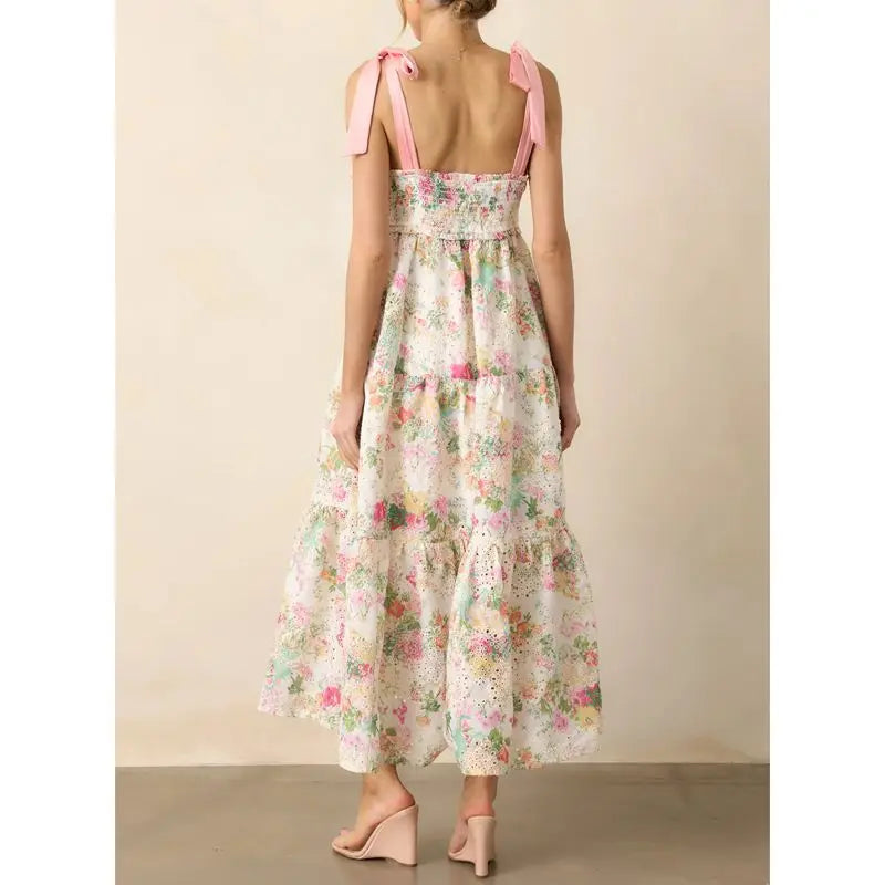 Floral Print Tie Up Smocked A-line Long Dress