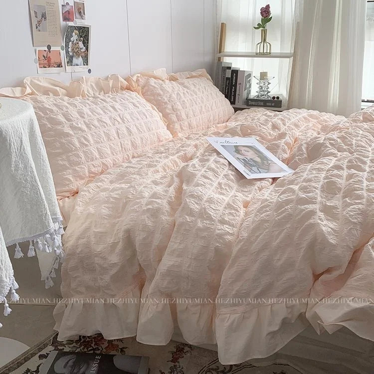 INS Girl Blue Bedding Sets Solid Color Seersucker Ruffles Lace Kawaii Soft Sheet Woman Duvet Cover Pillow Covers Quilt Cover