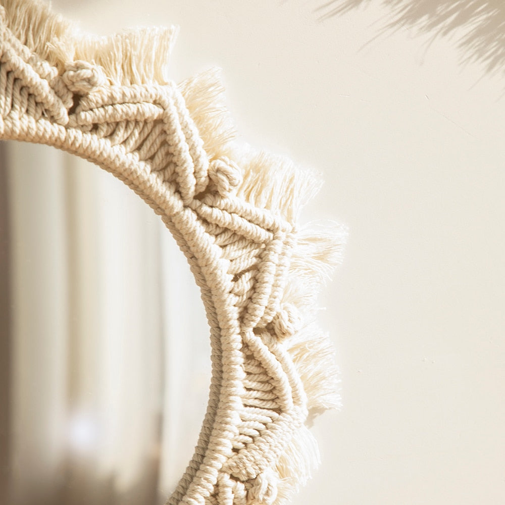 Round Macrame Decorative Wall Mirror for Boho Home Decor Makeup Aesthetic Living Room Bedroom Christmas Wedding Decoration Gift