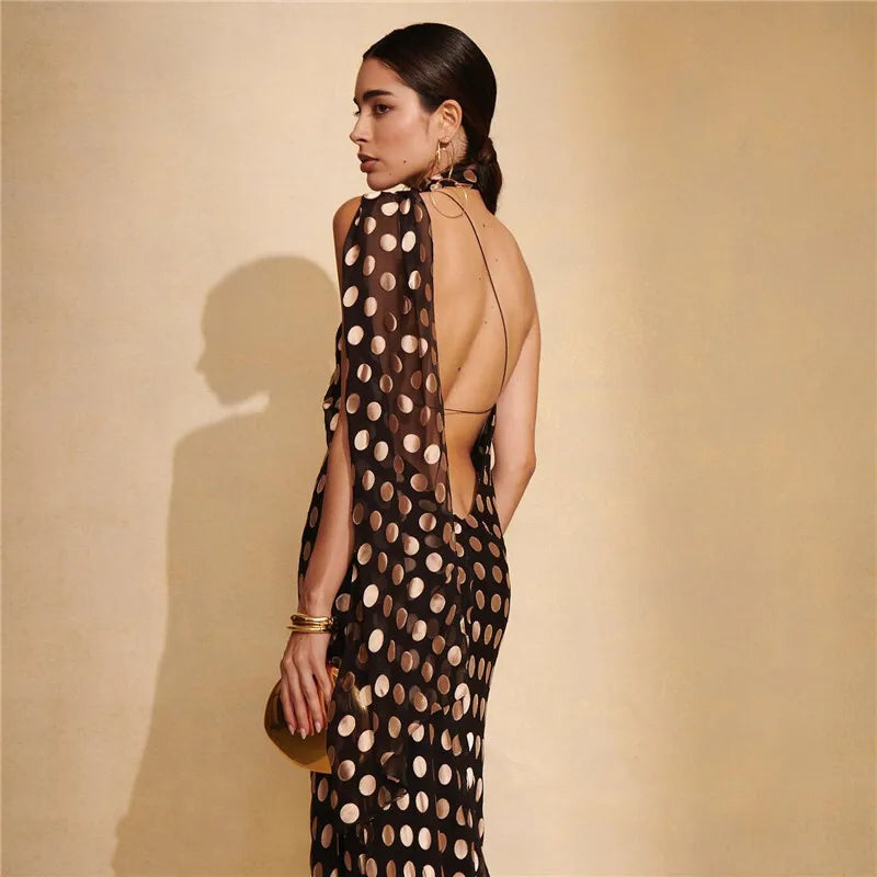 Black Polka Dot Halter Drape Midi Dress