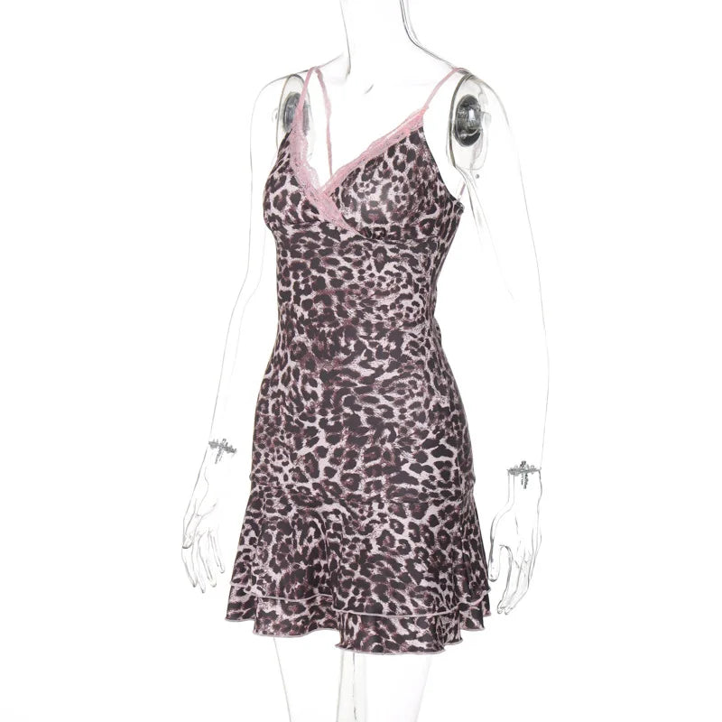 Leopard Print Lace Trim Mini Dress