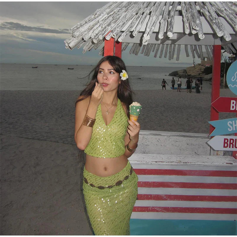 Green Sequin V-neck Halter Tie And Midi Skirt Set