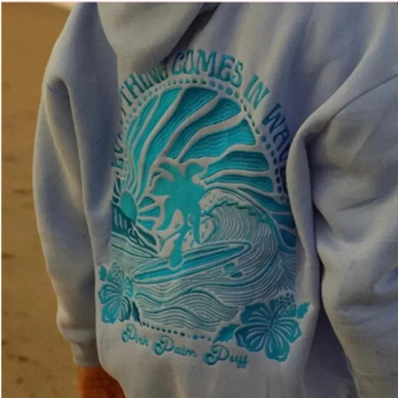 Palm Flower Embroidery Hoodie - Loose Fit Pullover