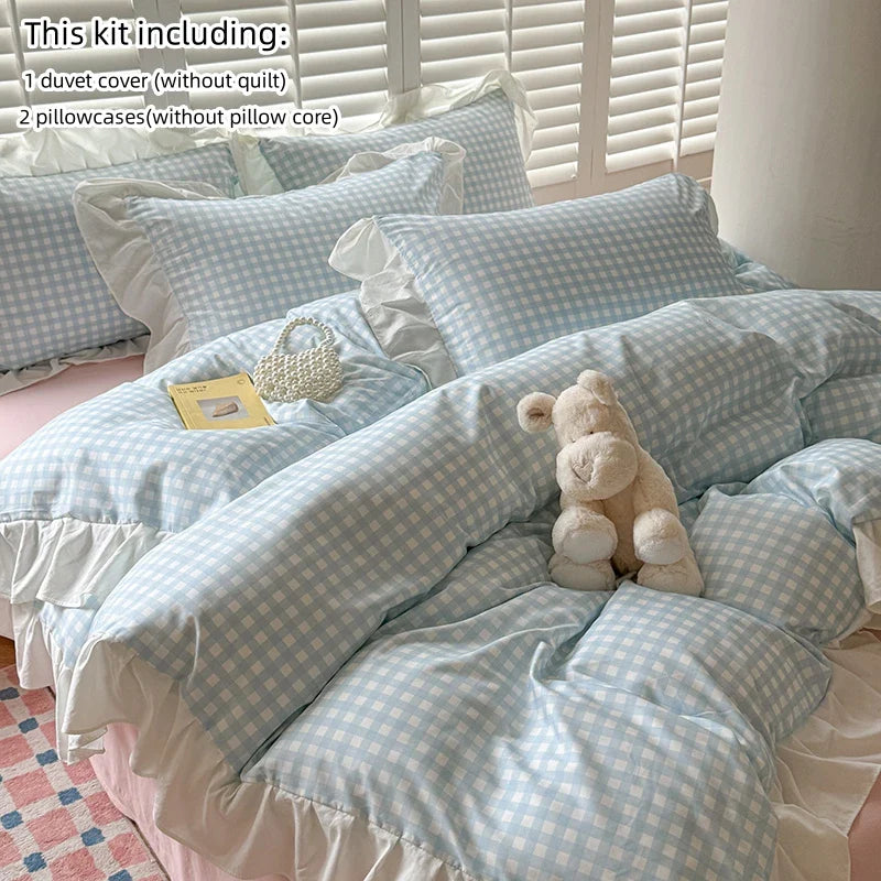 4pcs Korean lace Duvet Cover Set (1*Duvet Cover +1 flat sheet + 2*Pillowcase, Without Core), Pink checkered print Bedding Set
