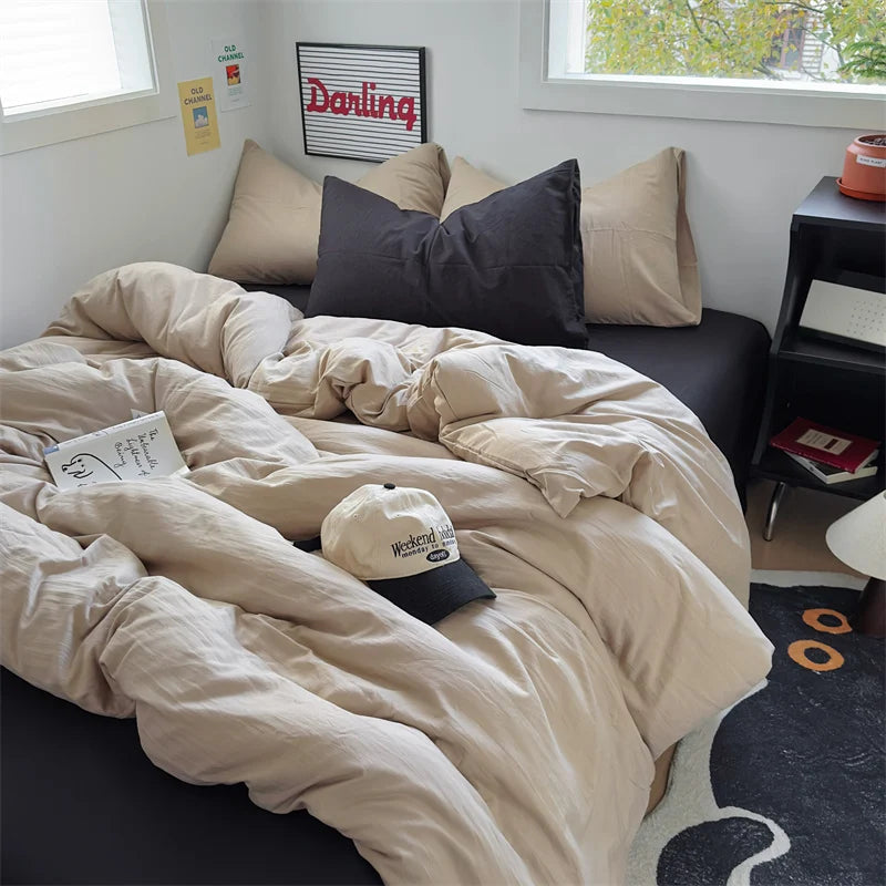 INS Hot Coffee Bedding Set For Girls Soft Washed Cotton Bed Sheet Queen King Size Duvet Set Comforter Set Pillowcase Bed Linens