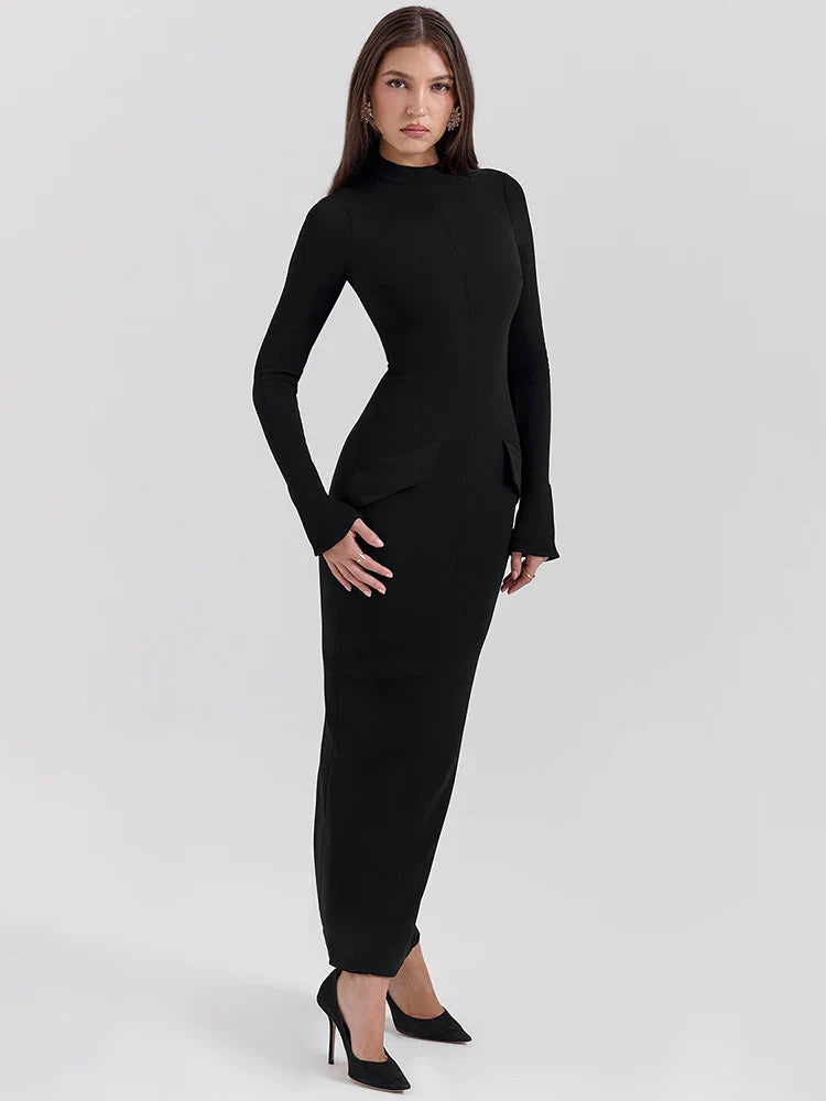 Black Long Sleeve Solid Mock Neck Maxi Dress