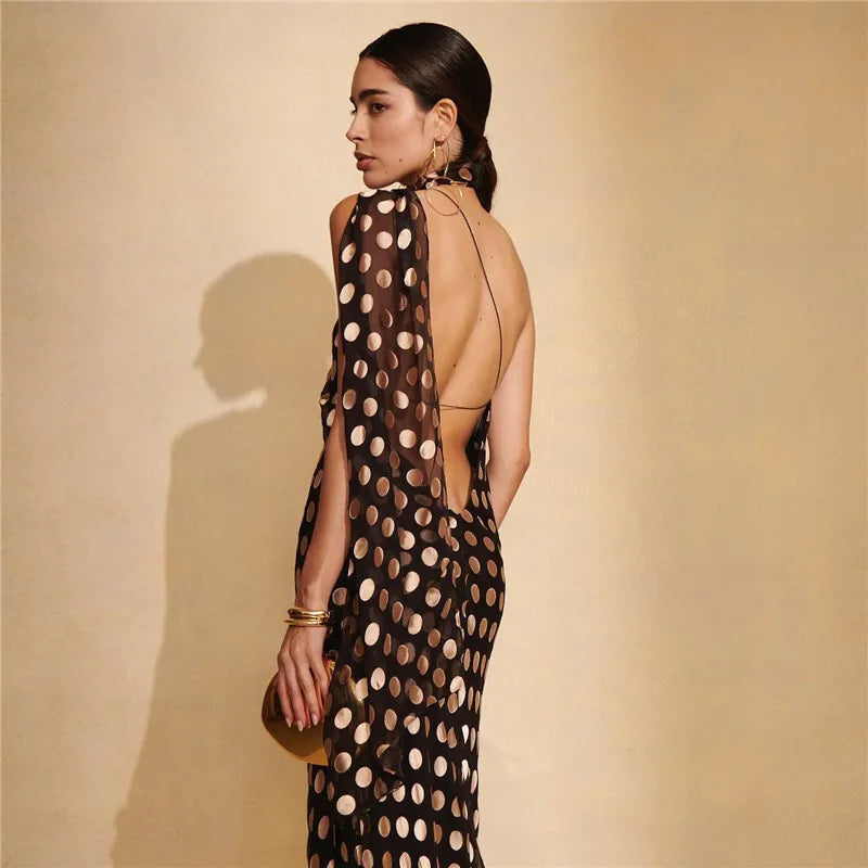 Black Polka Dot Halter Drape Midi Dress
