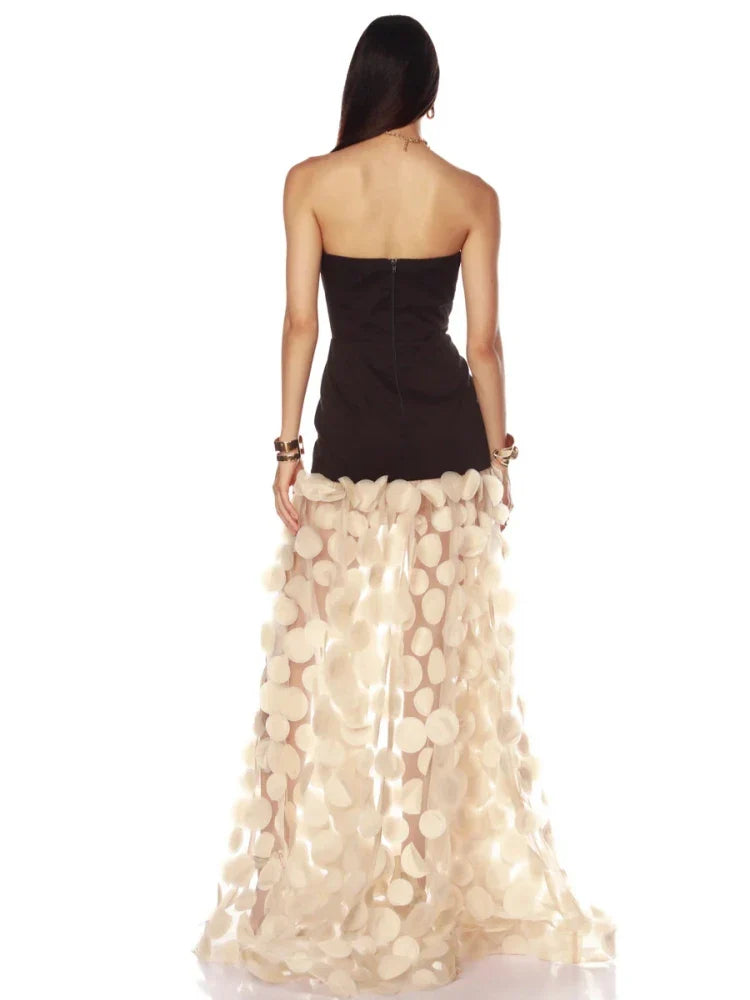 Black Strapless Dot Mesh Long Dress �A-Line Empire Waist