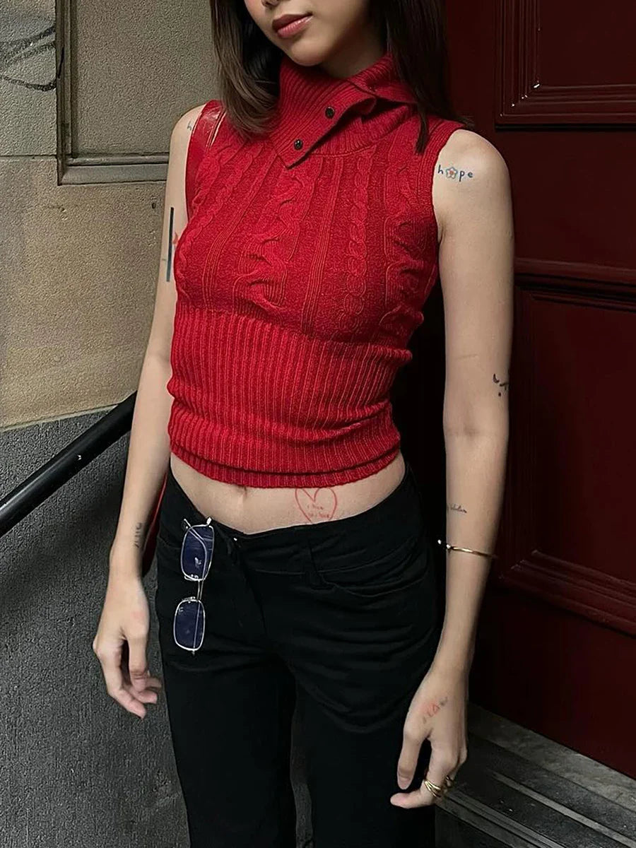 Knit Turtleneck Buttoned Tank Top With Removable Sleeve