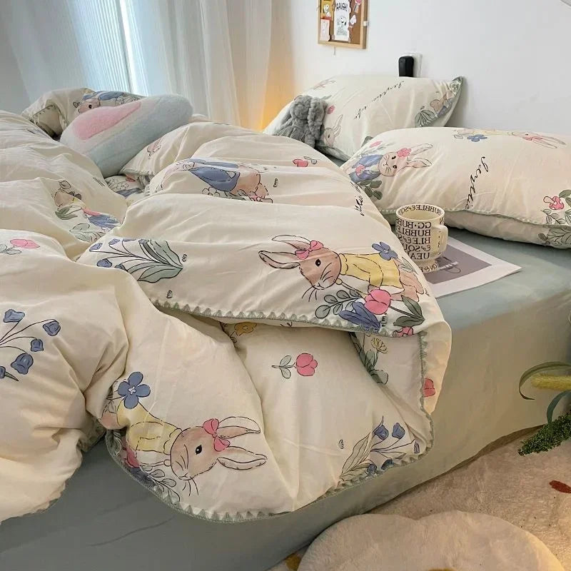 Bedding Set Girls Cherry Soft Washed Cotton Bed Sheet Queen King Size Duvet Set Comforter Set Pillowcase Bed Linens