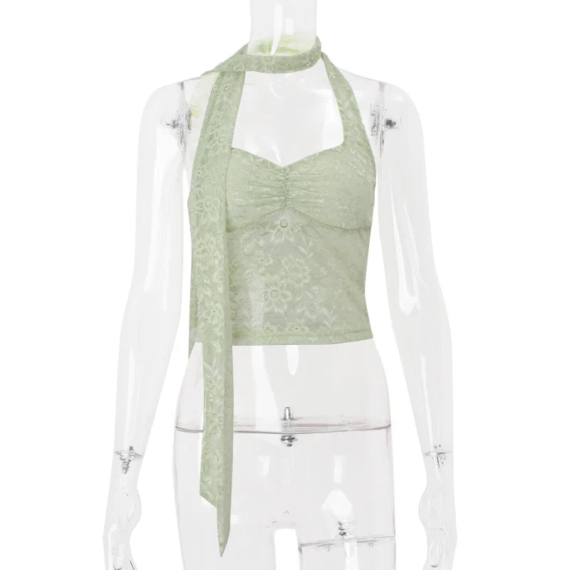 Green Lace Crop Scarf Top