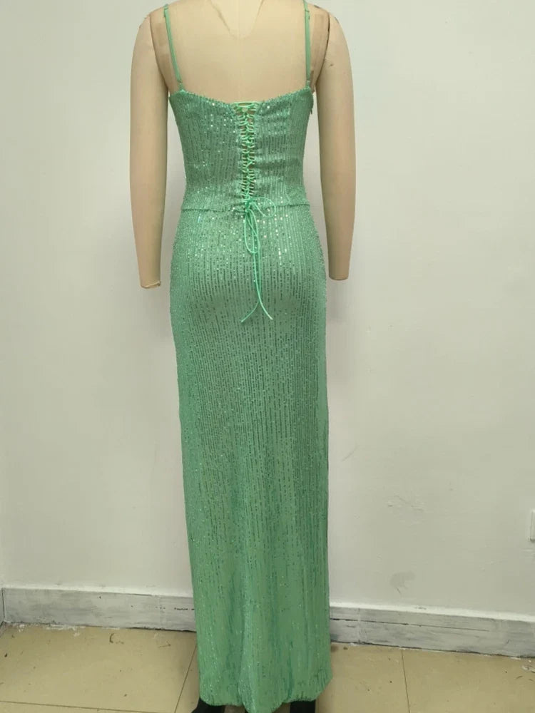 Sequin Spaghetti Strap High Split Long Dress