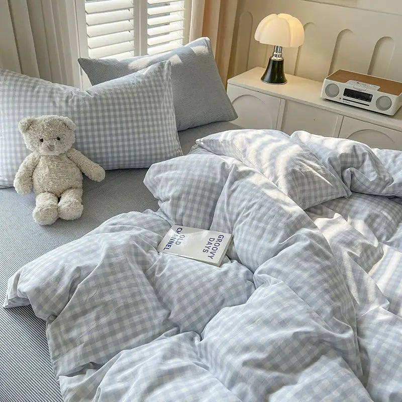 Grey Plaid Bedding Set Ins Style Nordic Duvet Cover Flat Sheet Pillowcases No Filler Full Queen Size Girls Boys Home BedSpread