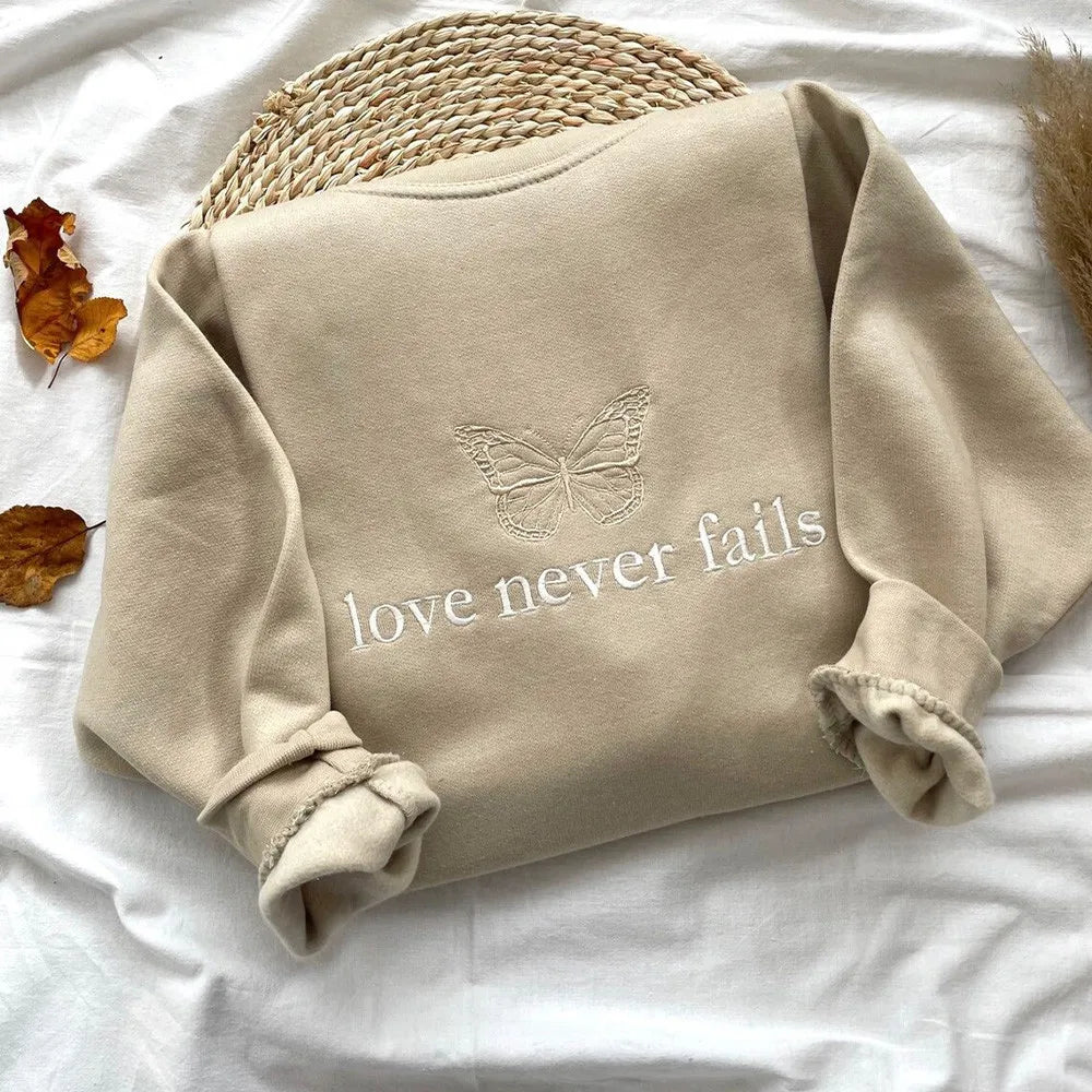 Love Never Fails Butterfly Embroidered Khaki Crewneck Sweatshirt