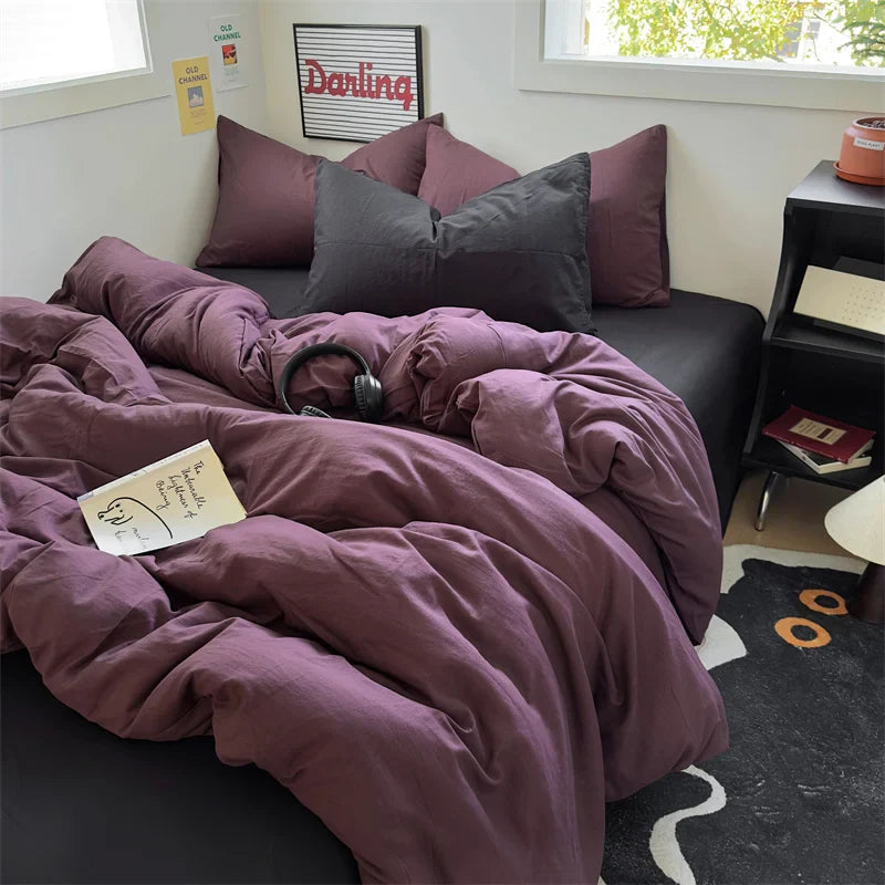 INS Hot Coffee Bedding Set For Girls Soft Washed Cotton Bed Sheet Queen King Size Duvet Set Comforter Set Pillowcase Bed Linens