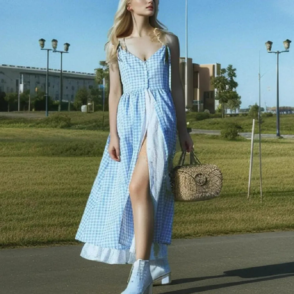 Blue High Slit Tie Up Stripe Midi Dress