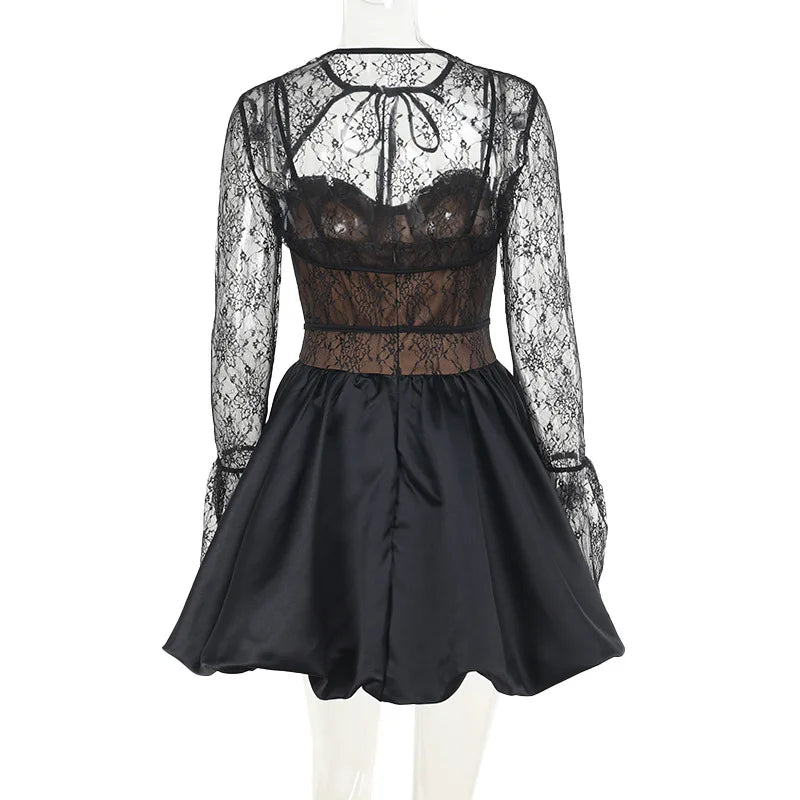Black Lace Removable Sleeve Puff Mini Dress