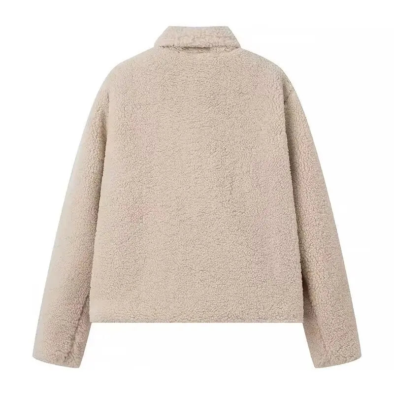 Beige Collar Pocket Faux Fur Coat