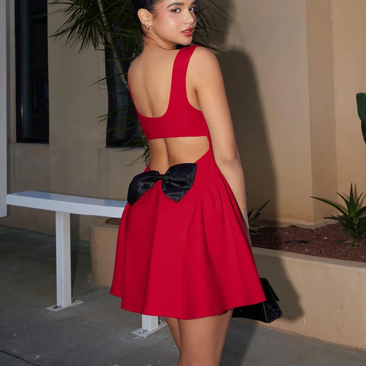 Red Mini Dress - Vintage Style Back Bow Cocktail Dress