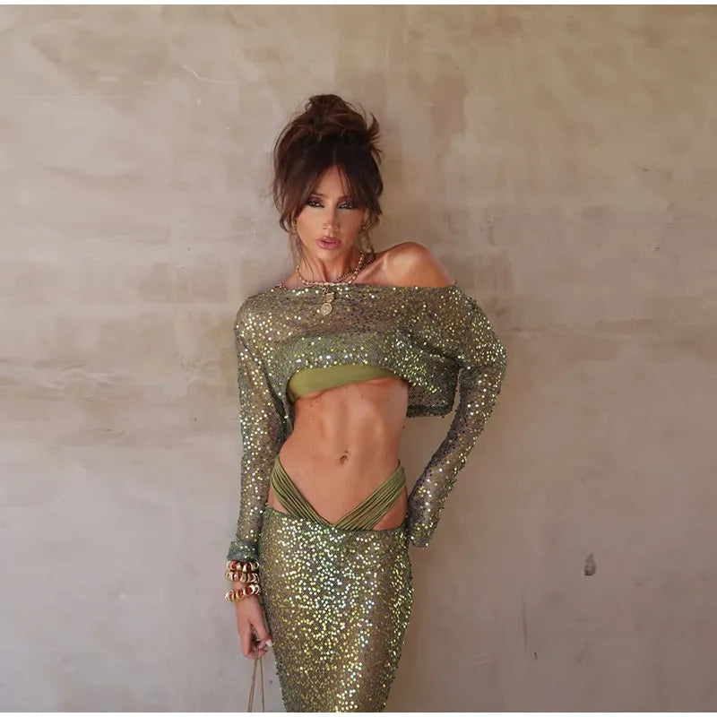 Green Sequin Long Sleeve Top And Maxi Skirt Set
