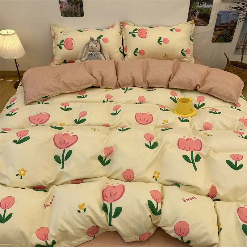 Floral Duvet Cover Set Ins Style Flat Sheet Pillowcases Single Double Size Bedding Kit No Filler Girls Boys Home Decoration