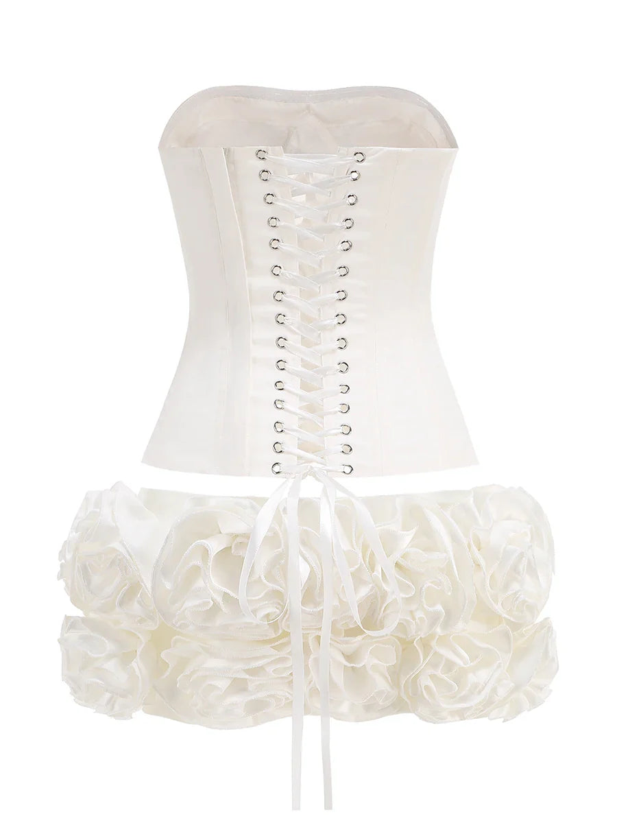 Corset Top And 3d Flower Micro Skirt Set