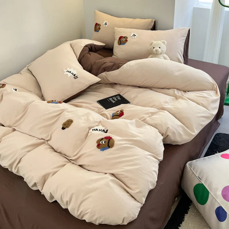 Ins Cartoon Panda Bedding Set Towel Embroidery Duvet Cover Queen Twin Full Size Grey Bed Flat Sheet Quilt Cover Pillowcases