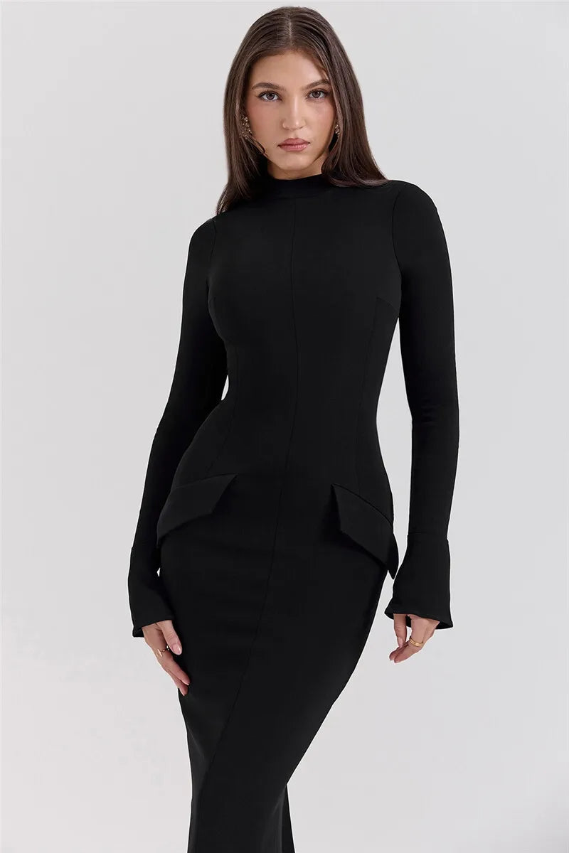 Black Long Sleeve Solid Mock Neck Maxi Dress