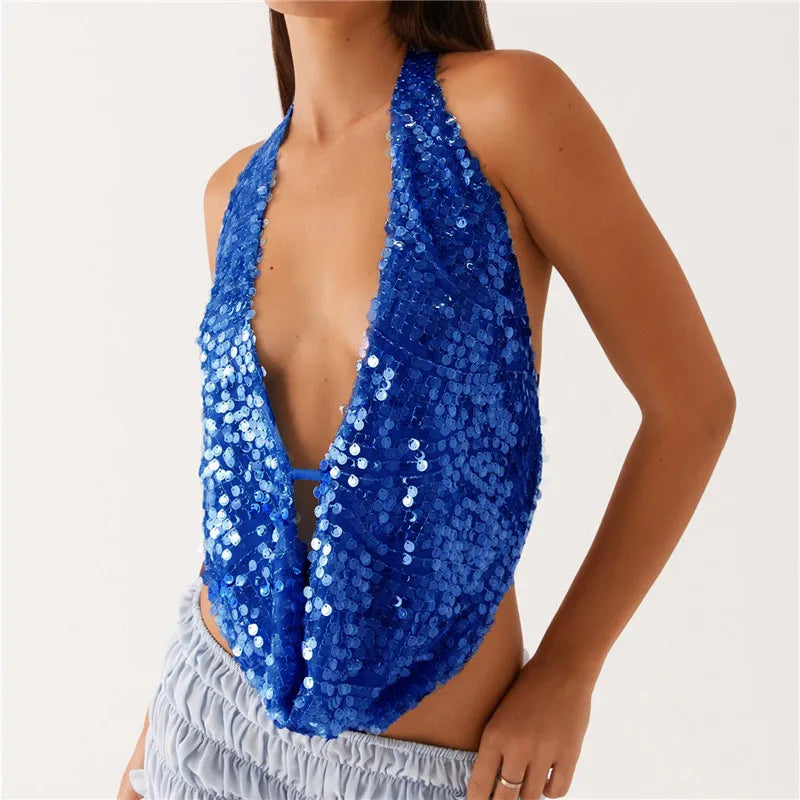 Deep Neck Sequin Halter Top �Backless Shine