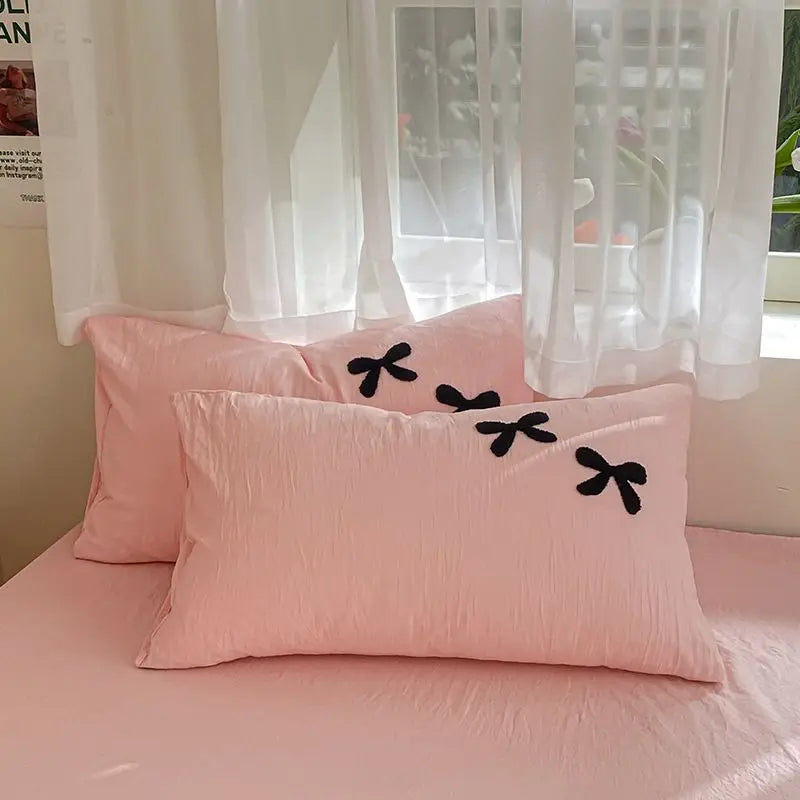 Skin Friendly Washed Cotton Bow Towel Embroidered Duvet Cover Set NO Filler Girls Princess Home Bedding Flat Sheet Pillowcase