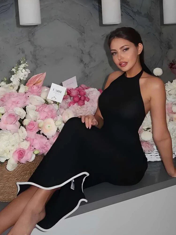 Solid Black Irregular Trim Maxi Dress