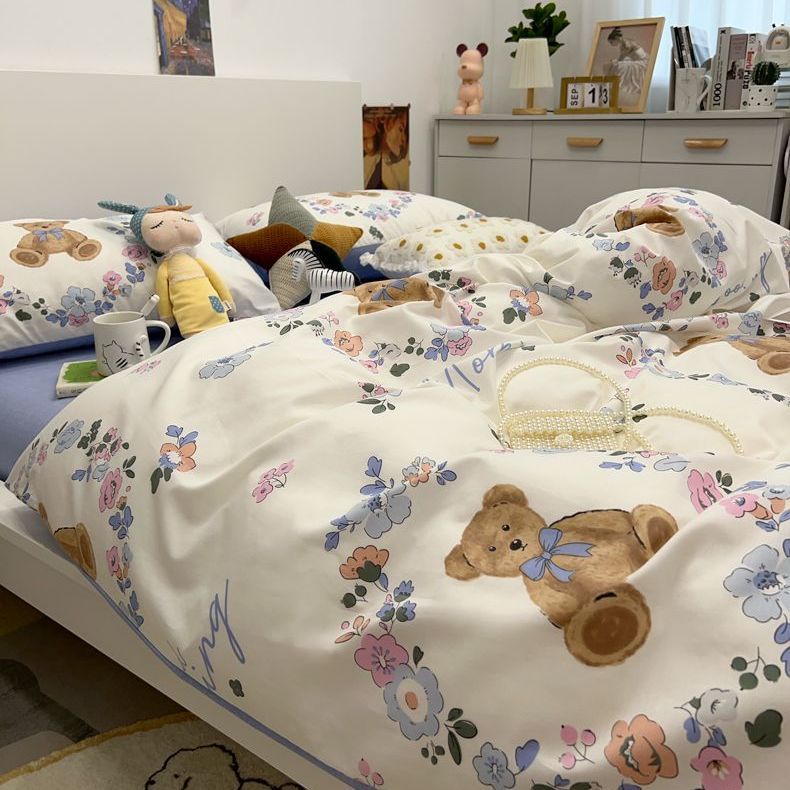 Floral Bedding Set with Duvet Cover Flat Sheet with Pillowcases Kids Queen Full Size Boys Girls Bed Linen