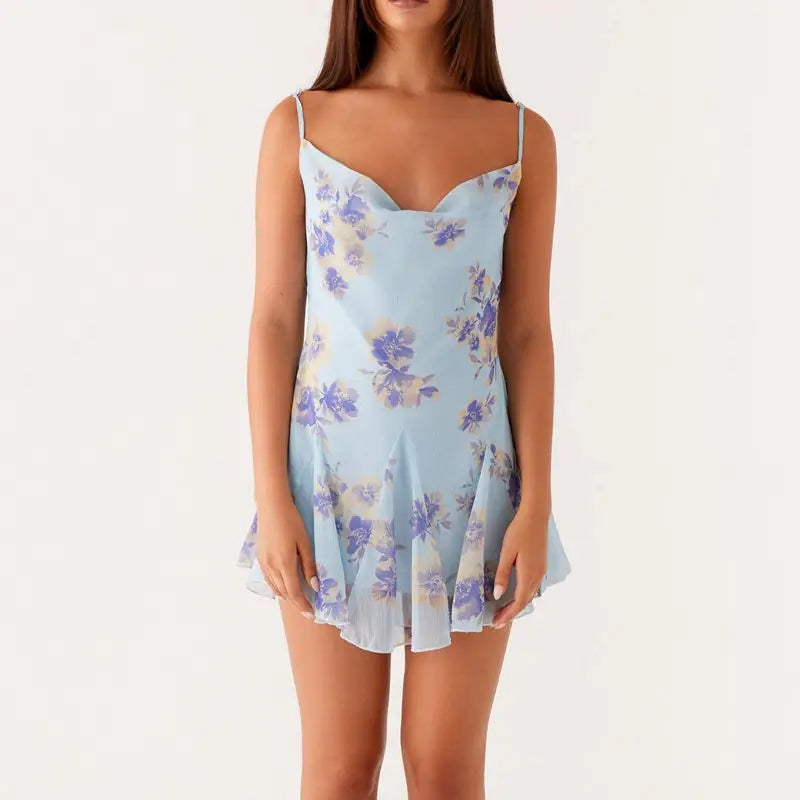 Blue Floral Print Cowl Neck Backless Ruffles Mesh Mini Dress